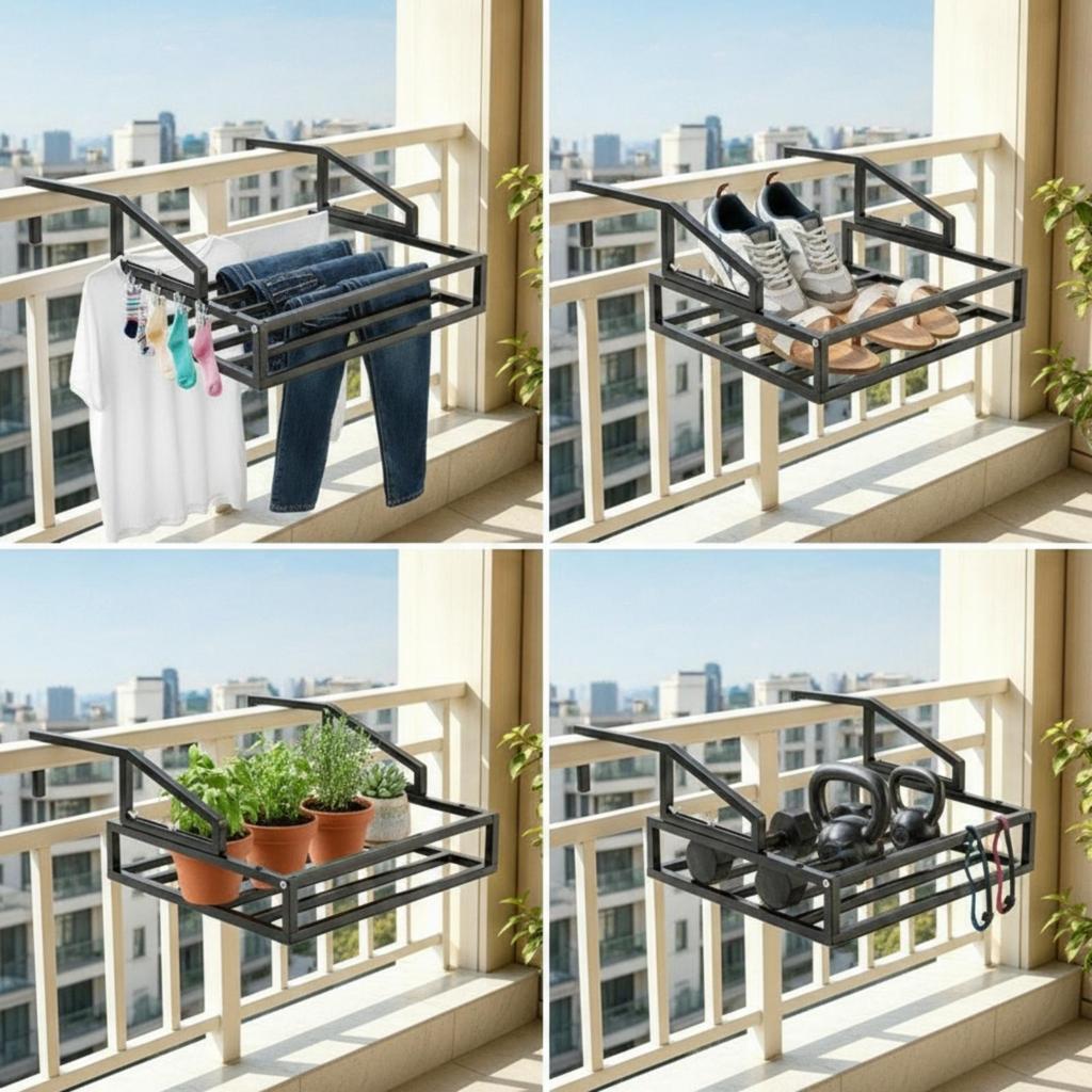 Balcony Drainage Rack WallMounted Hanging with Guard Rails SpaceSaving Railing Organizer for