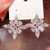Gold Plated Flower-Shaped CZ Stud Earrings, Marquise & Round Cut Sparkling Earrings for Women