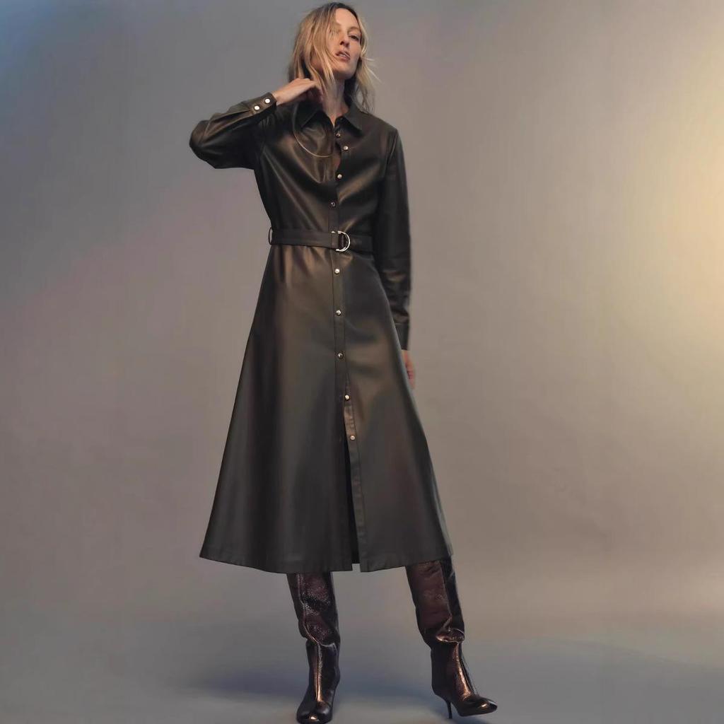 Women's 2025 Faux Leather Long-Sleeve Belted Shirt Dress – Winter Collection