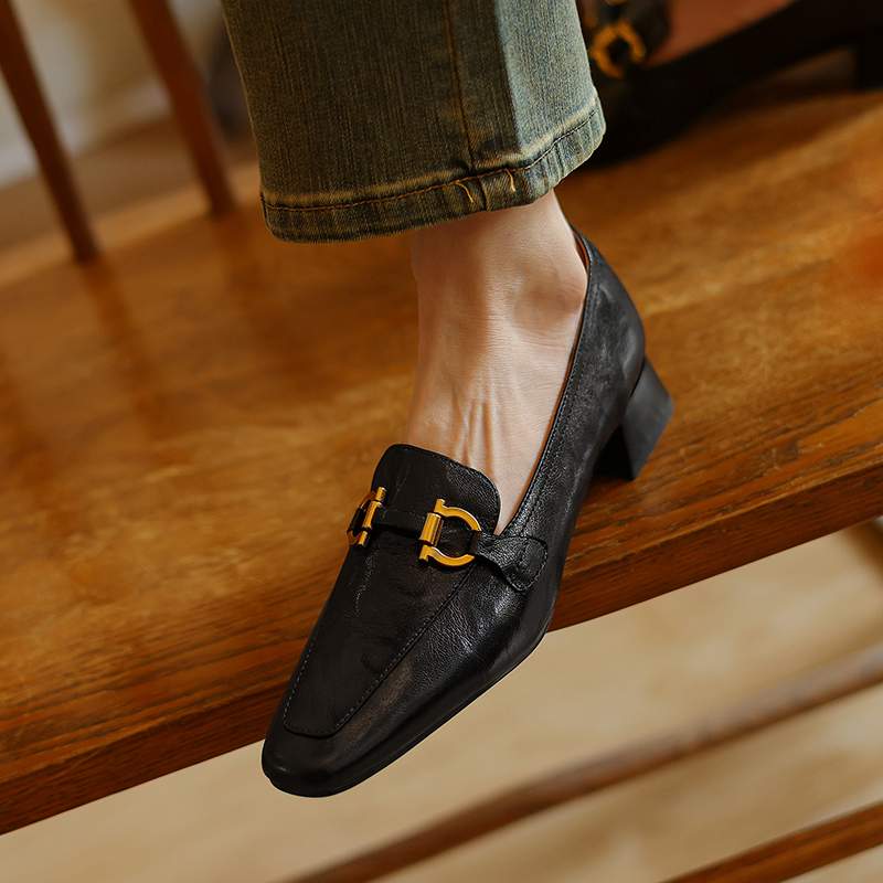 Krazing Pot Sheepskin Round Toe Chunky Heels Autumn Summer Shoes Slip On Women Retro Fashion Pumps