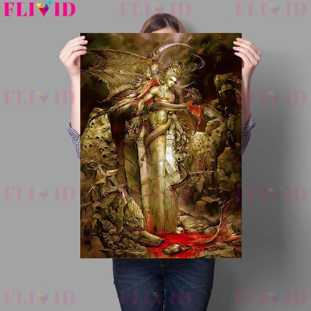 Gothic Dark Terror Girl and Terrifying Devil Retro Mural Oil Painting Decoration Crow House Wizard Poster