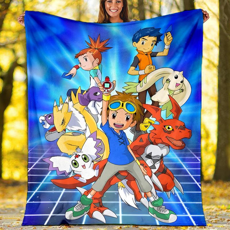 1pc Digimon Theme Blanket - Digital Print, Polyester, Cozy for All Seasons, Perfect for Outdoor, and Travel