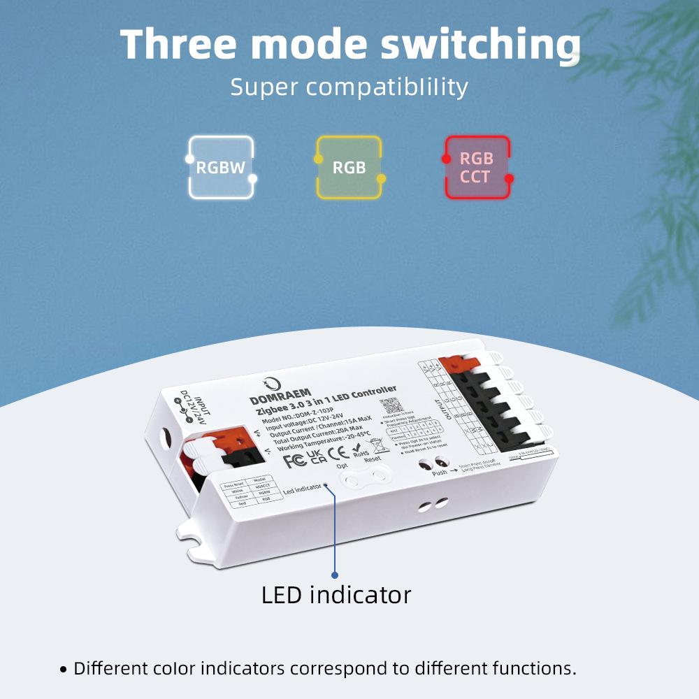 Zigbee 3.0 RGB/RGBW/RGBCCT 3-in-1 Controller 20A for Dimmable LED Strips, Hue-Compatible