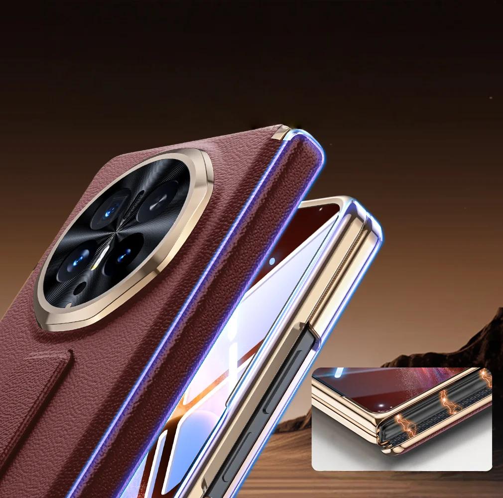 For Honor Magic V6 Genuine Leather Phone Case with Retractable Wrist Strap and Integrated Stand and Screen Protector