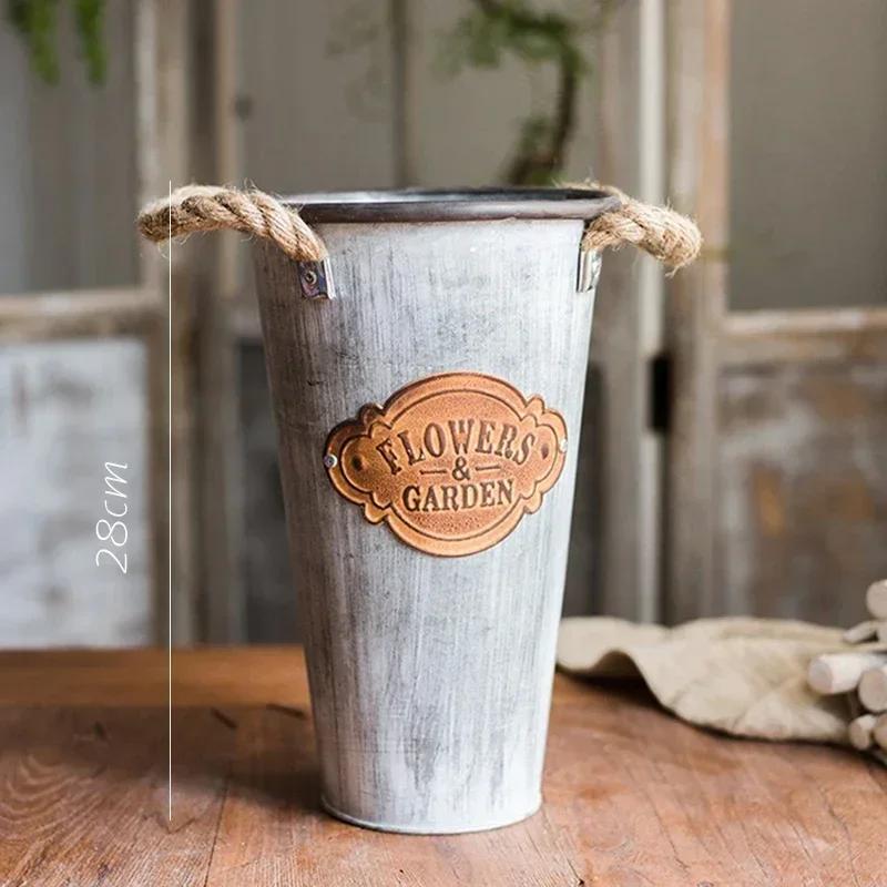 Retro Style Vase Ironwork Metal Hemp Rope Handle Flower Pot Not Waterproof Flower Art Dried Flower Home Creativity Decorate