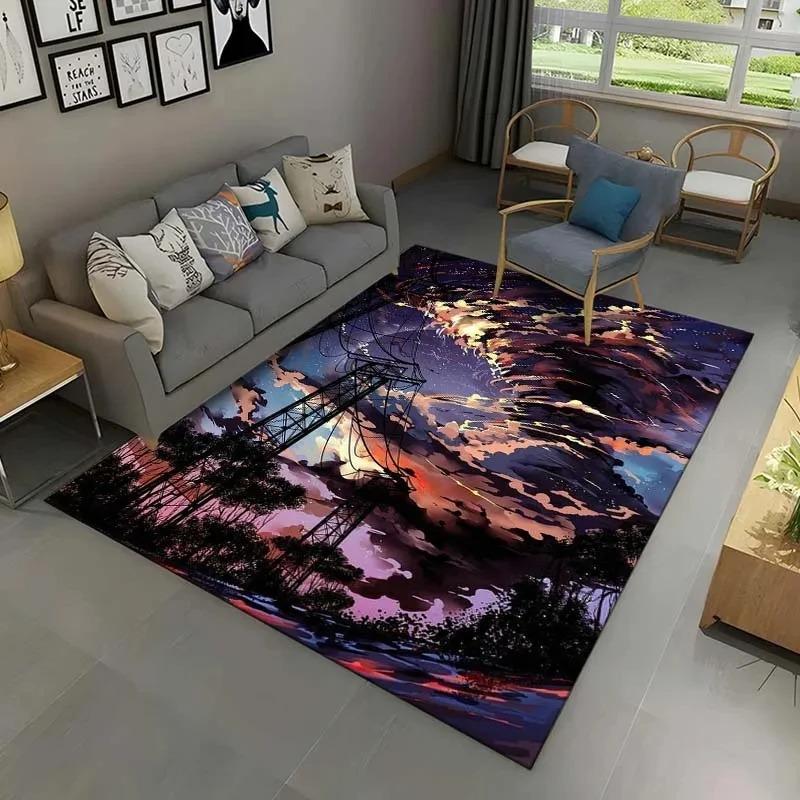 Rainbow Purple Fantasy Cloudscape Rug, Vibrant Art Style Home Decor Carpet for Living Area with Intense Sky Charm