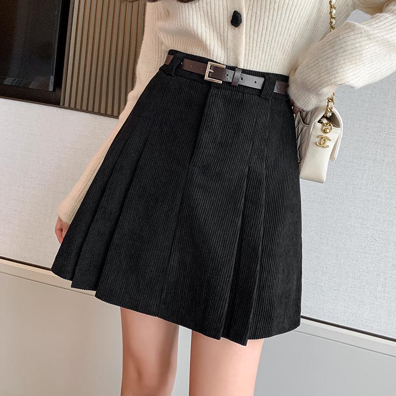 Women's High-Waisted Corduroy Wool Pleated A-line Skirt with Anti-Exposure Shorts - 2025 Autumn/Winter Collection