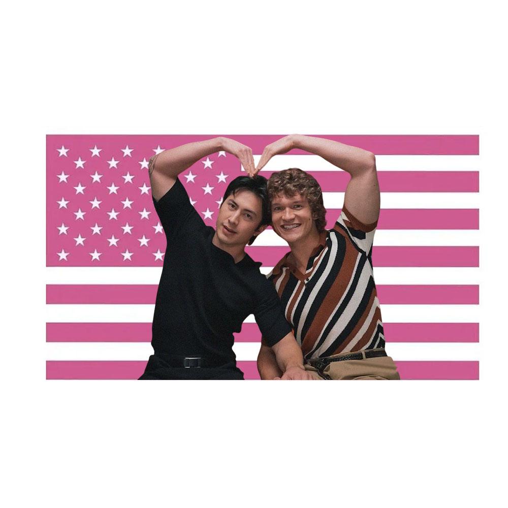 Viral Fandom Pink Flag Tapestry Trendy Pop Culture Print Polyester Wall Hanging for Bedroom Heart Hands and Pink American Flag
