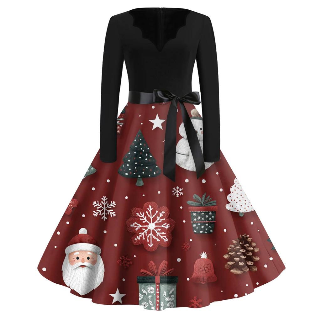 Women's Fashion V-Neck Relaxed-Fit Christmas Print Long-Sleeved Dress