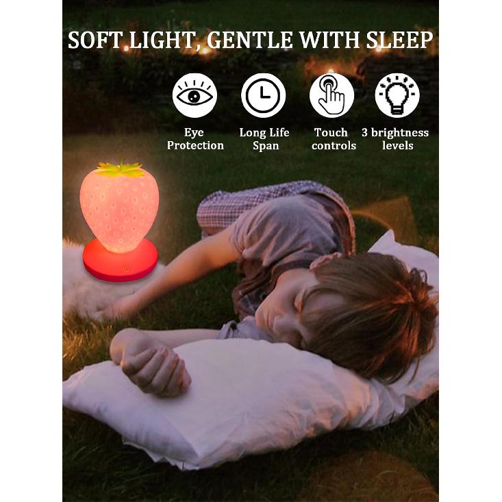 Strawberry Night Light, Cute Silicone Strawberry Lights Kawaii Room Decor, USB Rechargeable Bedside Lamp 3 Gear Touch Lighting, Cute Strawberry Gifts