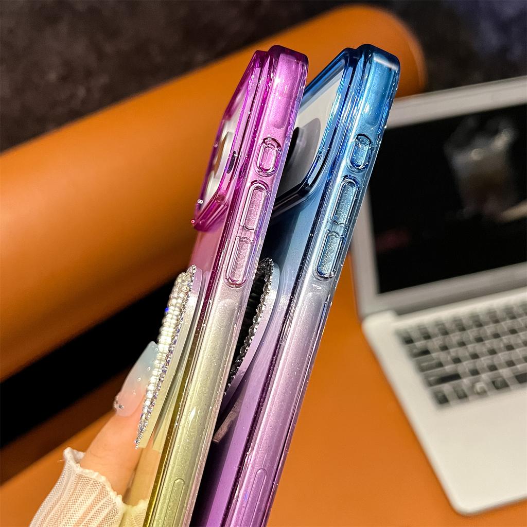 For iPhone 17 Pro Case Glitter Dual Color PC+TPU Clear Phone Cover with Heart-Shape Mirror