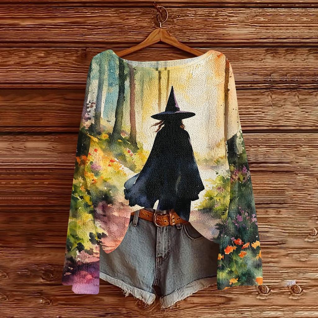 Women's Casual Long Sleeve Halloween Print Round Neck Knit Pullover Sweater Top