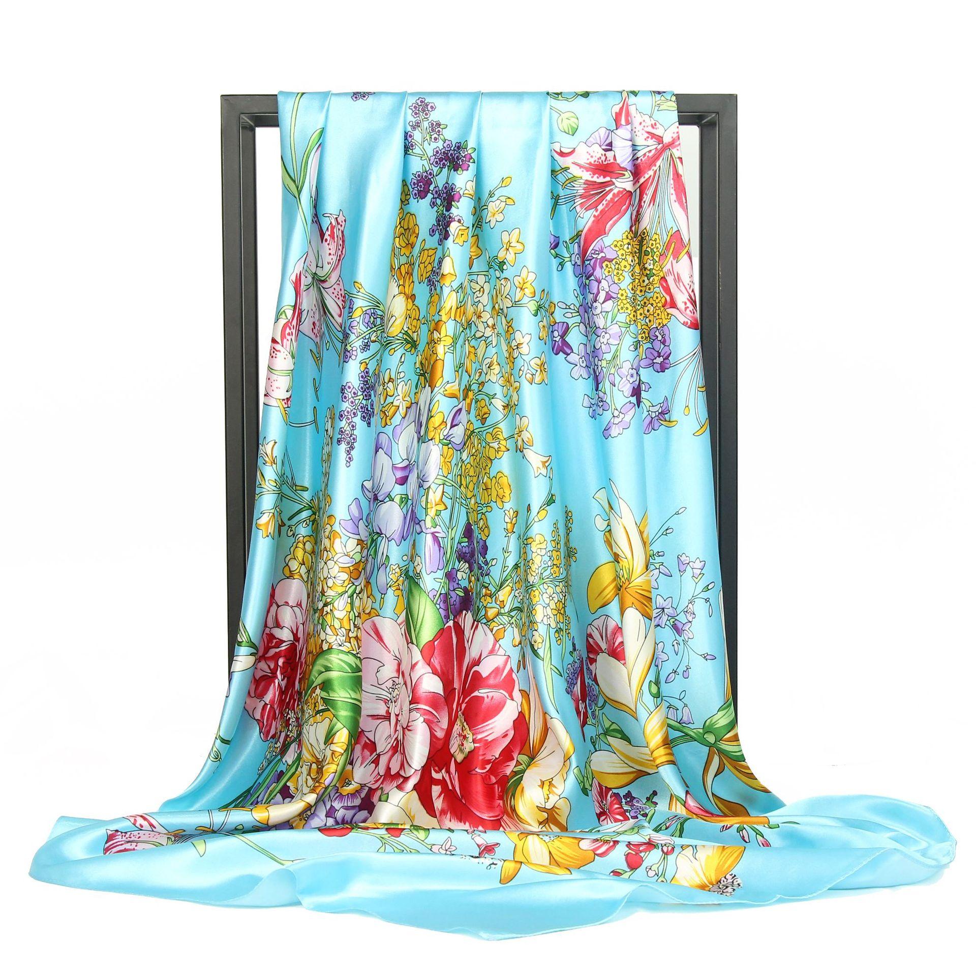 

Высококачественные роскошные шелковые шарфы, повязка на голову, шарфы, шейный шарф для женщин, шелковый шарф с цепочкой, женская декоративная шаль 90*90cm небесно-голубой