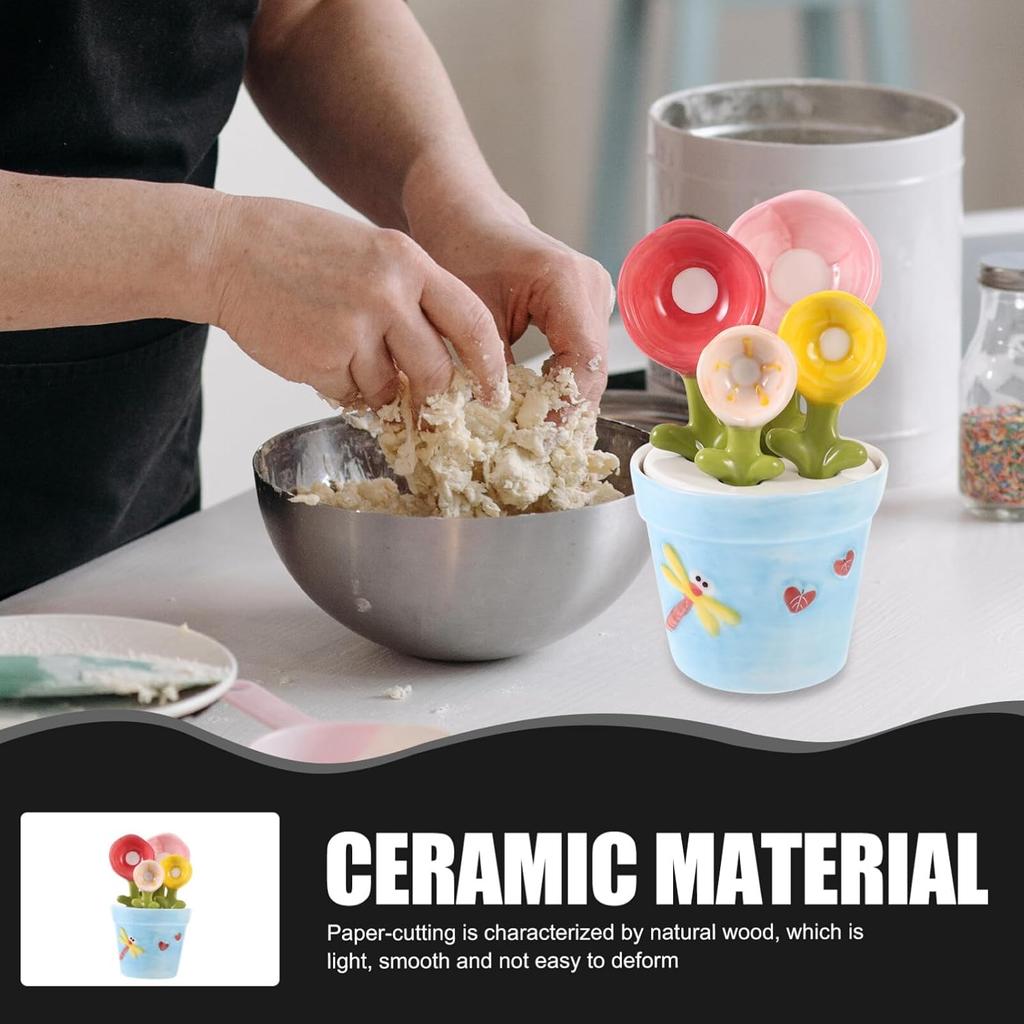 Kichvoe 1set Ceramic Flower Design Measuring Spoon with Base Cute Baking Gadget for Measuring Dry Wet Ingredients for Milk Powder
