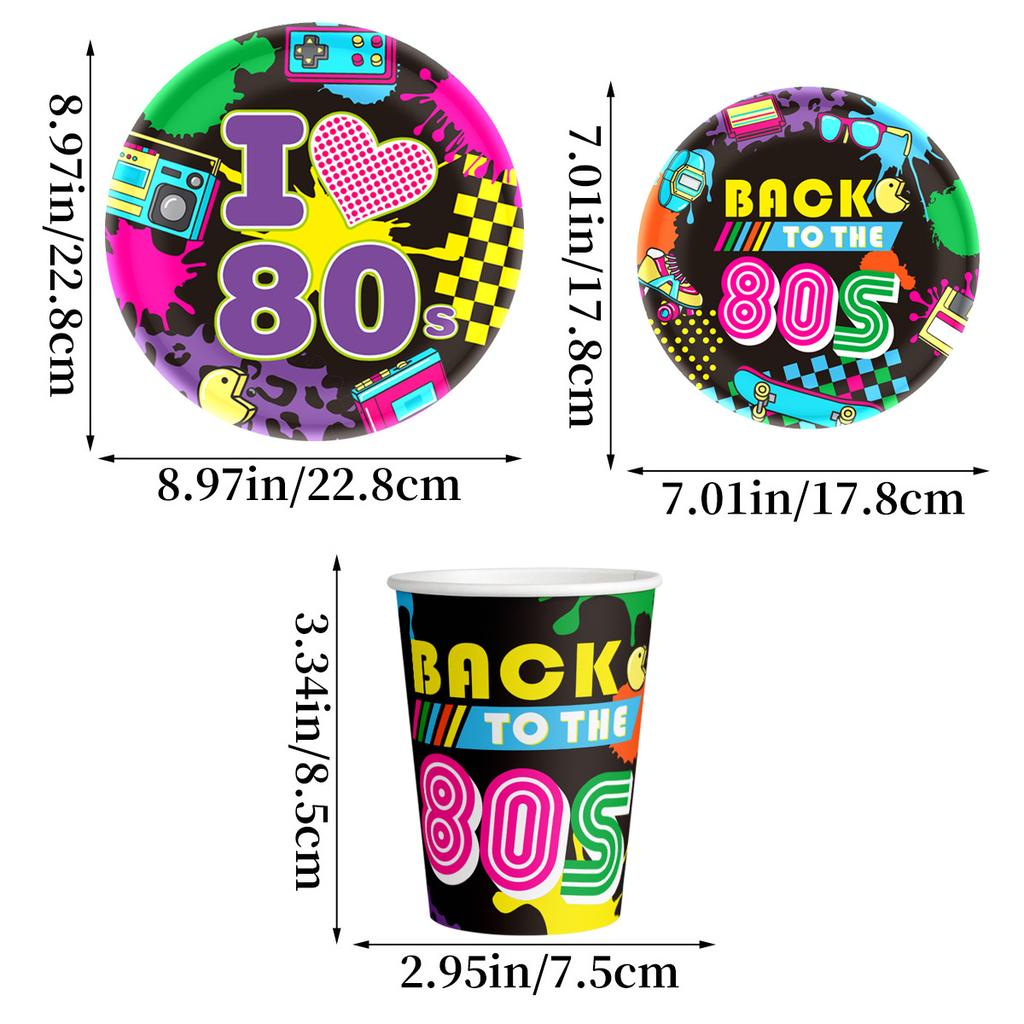 80er-Jahre Themenparty Dekoration, Retro-Radio, Pappteller, Pappbecher, Messer-, Gabel- und Löffelset, individuell