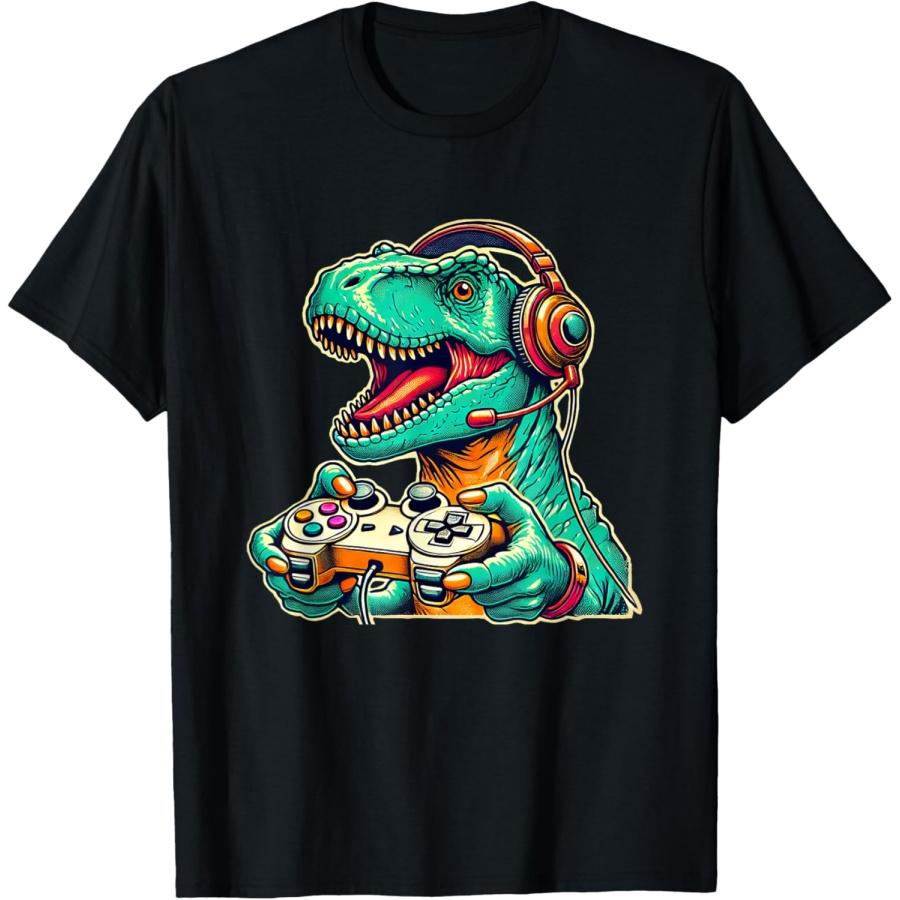 T-Rex Gaming with Headset Funny Dinosaur Gamer Graphic T-Shirt S