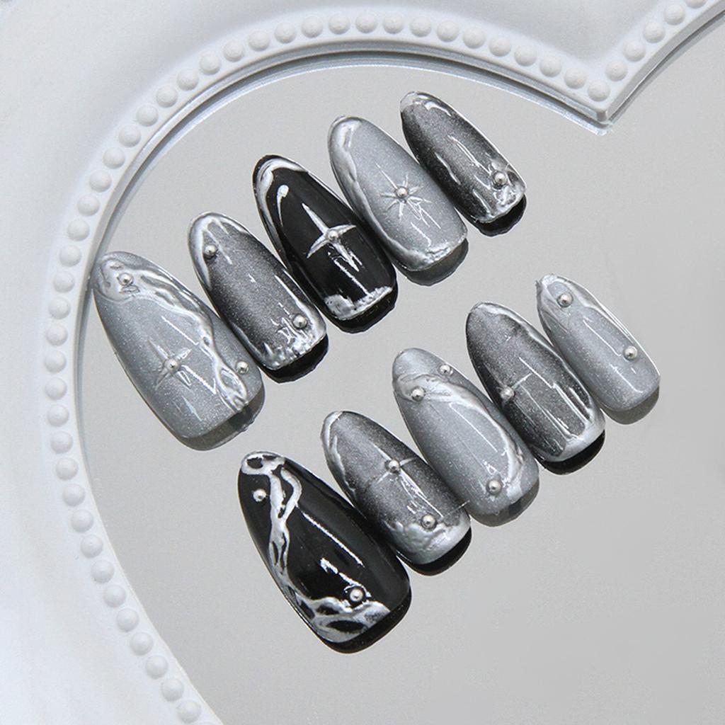 30Pcs Cat-Eye Fake Nails Starry Glitter Irregular Almond Shape Fake Nails for Women