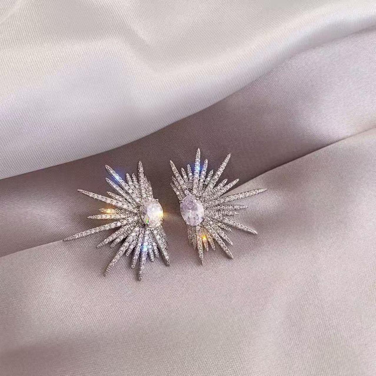 Luxurious Silver Earrings with Zircon and Large Floral Design