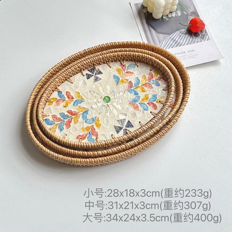 3Pcs Vintage Oval Handmade Rattan Woven Tray Nordic Natural Colorful Shells Weaving Fruit Storage Basket Breakfast Serving Trays