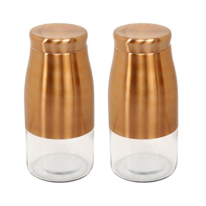 

Rose Gold Finish - Bell Bottom Glass Jars for Sugar,Cereal, Spices, Pulses and other Kitchen Storage 2250ml, Set of 2