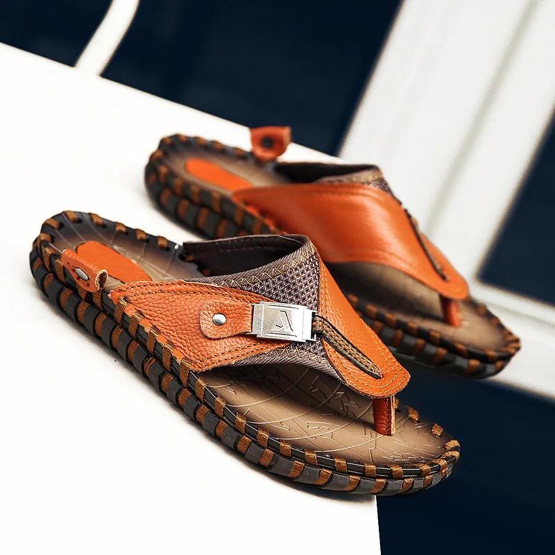 Summer New Men Genuine Leather Slippers Fashion Designer Flip-flops Young Man Street Cool Beach Shoes