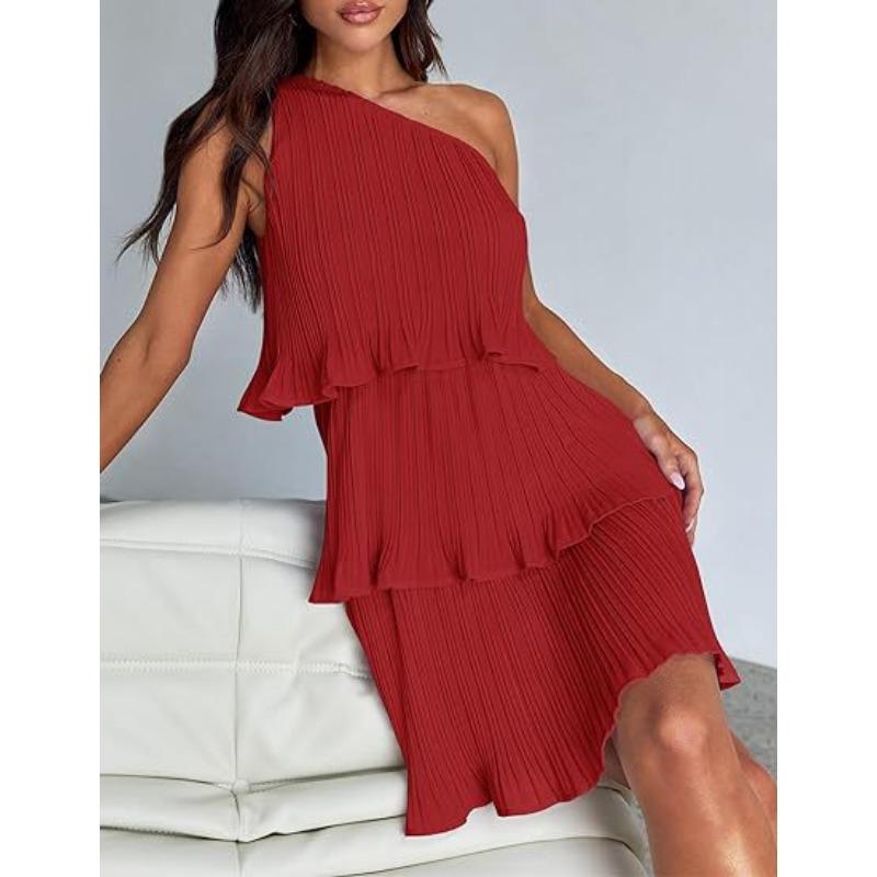 VEZFAA Women's Fashion Summer Spring Solid Color Print Sleeveless Oblique Collar High Waist Casual Dresses