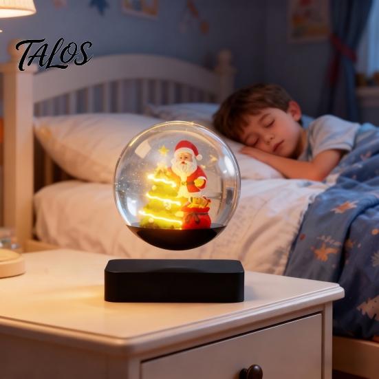 Magnetic Floating Christmas Sleigh Levitating Santa Claus Tree Ornament with LED Light, Lighted Rotating Levitation Festive Glass Ball for Tabletop
