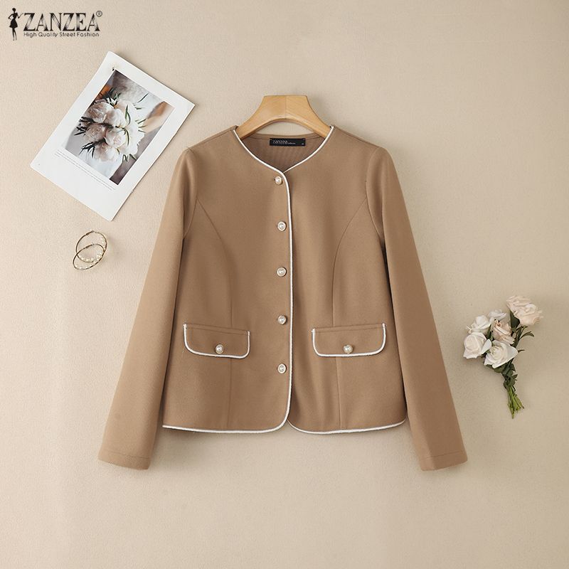 ZANZEA Women Elegant Color Block Round Neck Long Sleeve Thin Cardigan Woolen Jackets
