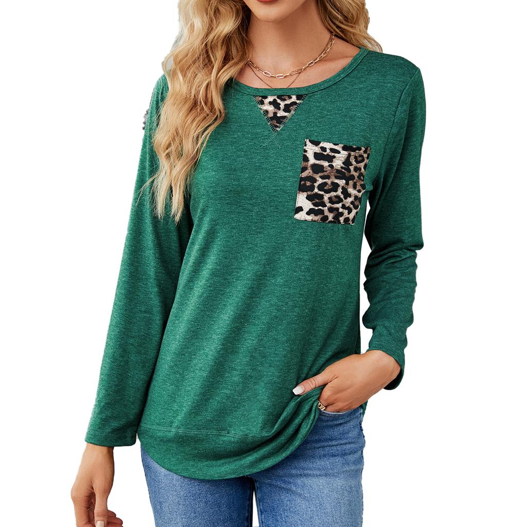 Vår og høst Dame Ny Mote Leopard Søm Langermet T-skjorte Damer Casual Topper