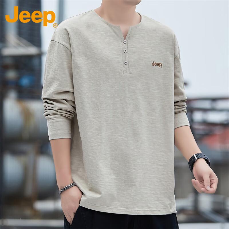 Jeep Men's Long Sleeve T-Shirt Autumn Winter Solid Color Casual Loose Base Shirt Trendy Top Khaki XL