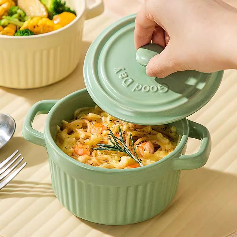 Nordic Style Ceramic Binaural Bowl With Lid Creative Cream Style Household Baking Baked Rice Bowl Baby Complementary Food Bowl Dessert Bowl
