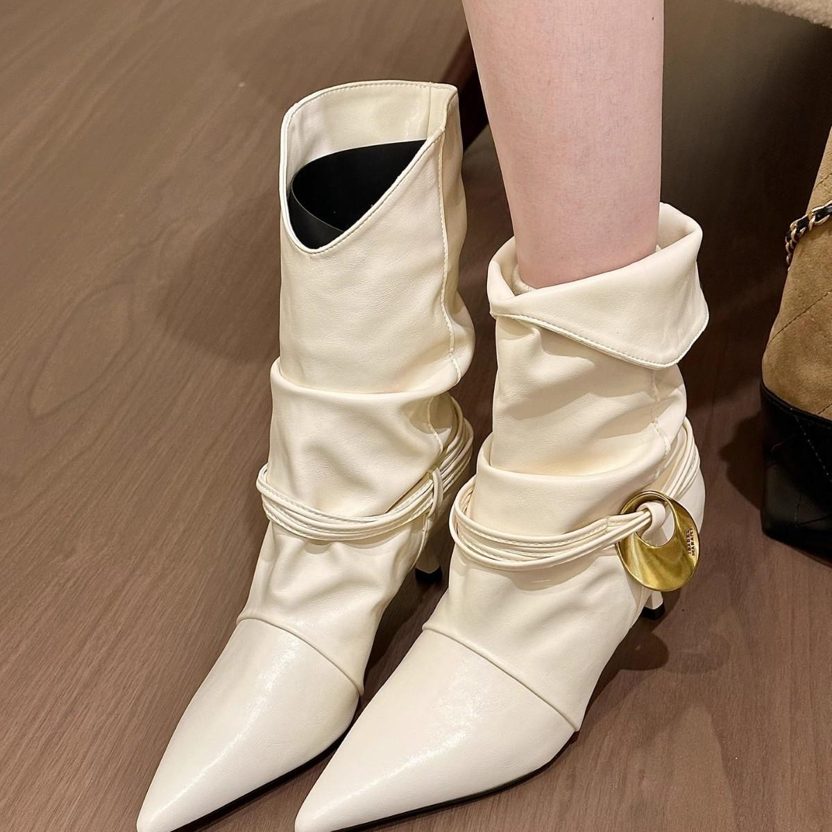 

2025 нишевые модные ботильоны на тонком каблуке женские ботильоны-голенища осенне-зимние новые модные ботильоны темпераментные универсальные короткие ботильоны 39 белый