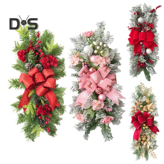 Christmas Stair Swag Teardrop Trim Christmas Staircase Swag Wreath with Bow Artificial Pine Branch Swag for Holiday Home Decoration