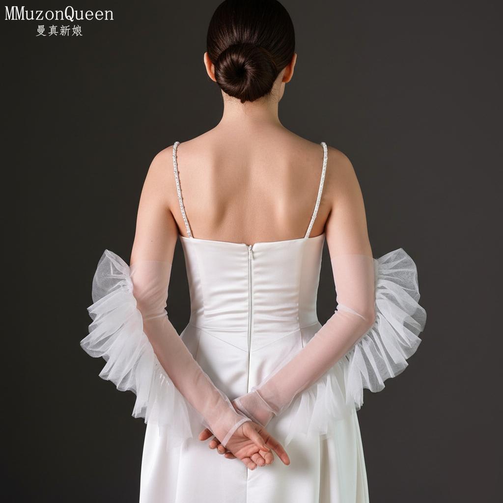 Sheer Tulle Long Arm Sleeves with Big Ruffles, White Bridal Gloves for Wedding Evening Dress Photo Shoot Costume Accessories