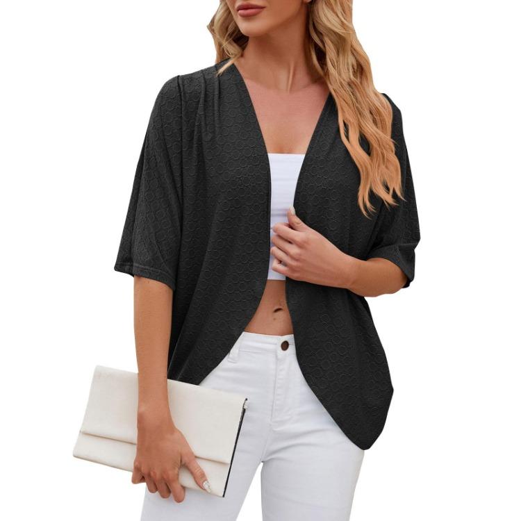 Women's Casual Knitted Cardigan Jacket Fashionable Mid Sleeve Solid Color Spring Summer