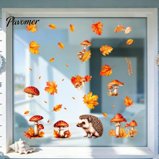 Maple Leaf Decorations 2PCS Autumn Hedgehog Static Window Clings, Fall Mushroom Glass Stickers, Decals No-Adhesive for Home Store Coffee Shop