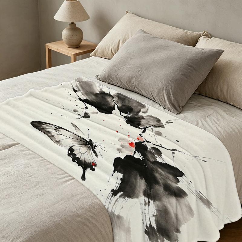 Lightweight Flannel Blanket Ink Wash Butterfly Pattern, Soft & Skin-friendly Throw, Ideal for Home, Nap, Car Use, Halloween & Christmas Decor