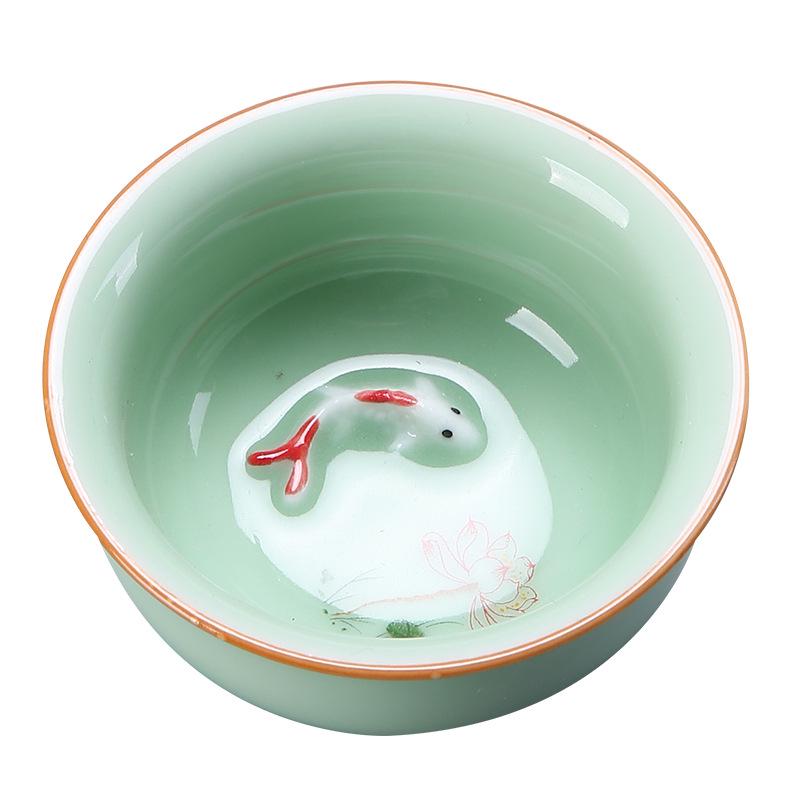 Celadon Ceramic Tea Tasting Set with Koi Fish Design and Custom Logo