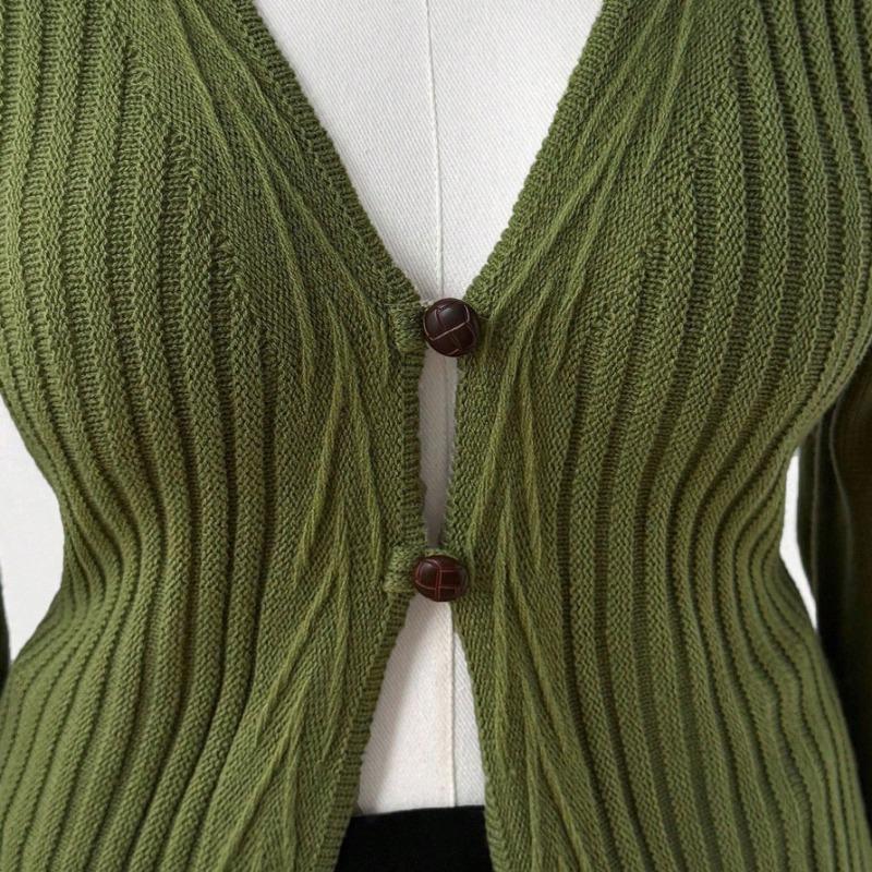 A New Knitted Sweater with Deep V, Slimming and Form-fitting Flared Sleeves and Button Cardigan