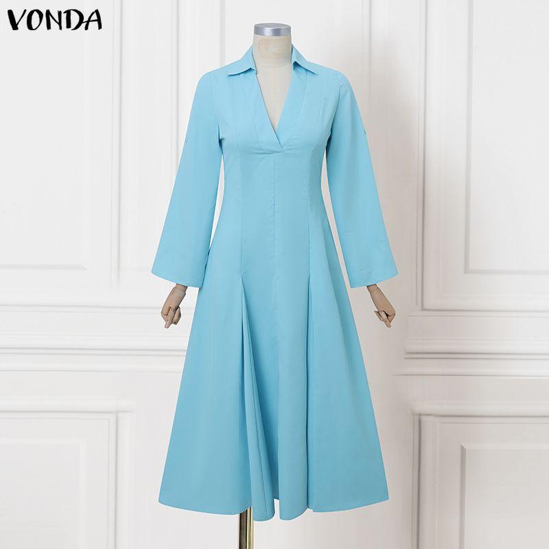 

VONDA Женское повседневное платье с лацканами, V-образным вырезом, длинными рукавами, А-силуэта, плиссированное 2XL