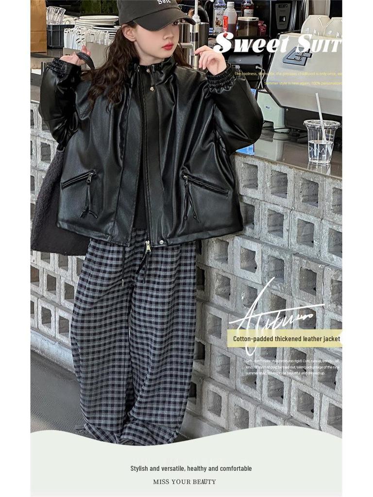 Girls' Stylish Korean Leather Jacket - 2025 Autumn/Winter Padded Coat for Big Kids