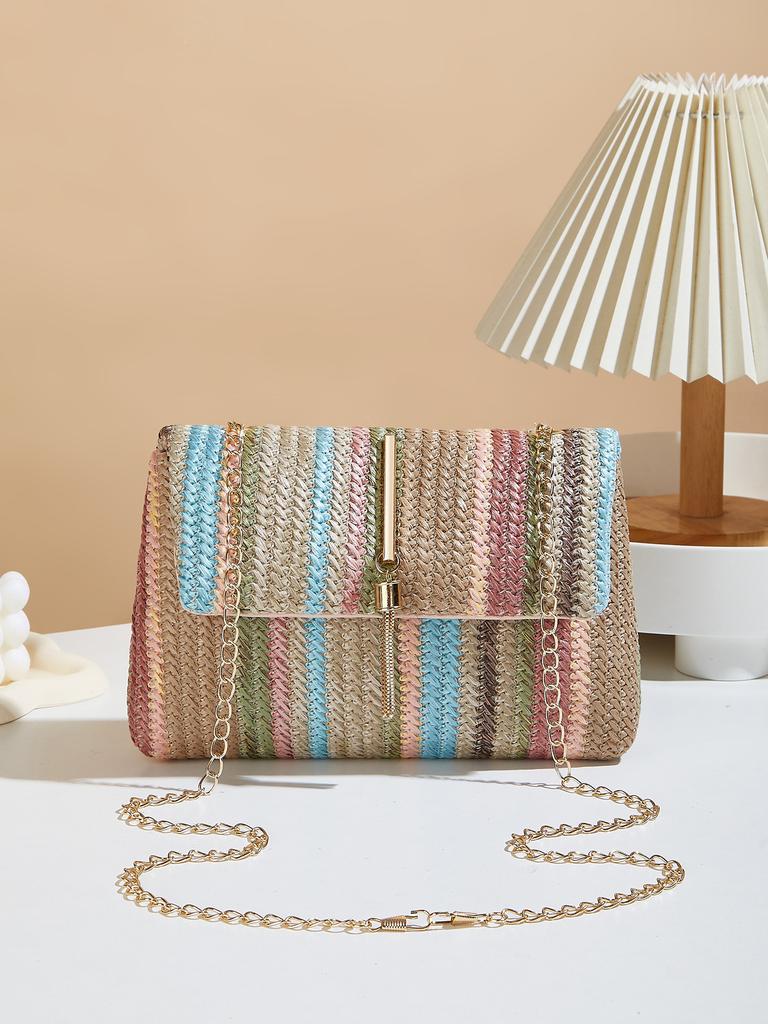 Color Striped Woven Hanging Bell Decoration Small Square Bag Women's New Chain Single Shoulder Crossbody Armpit