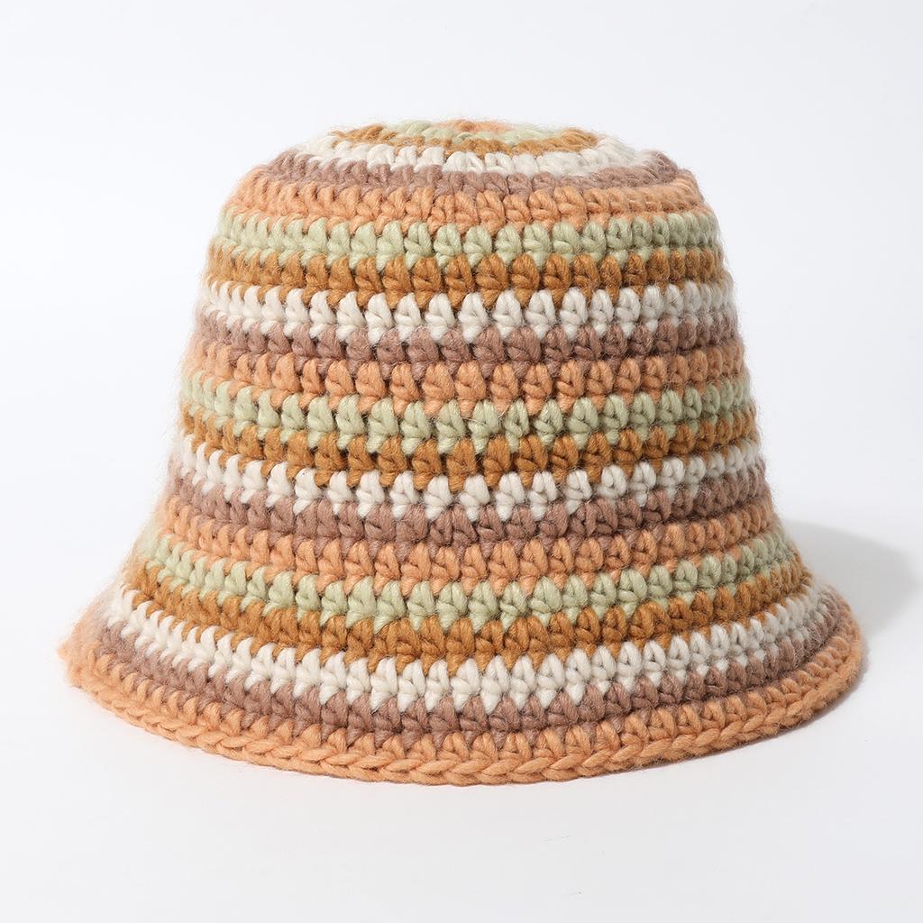 Pure Hand-Woven Bucket Hat Summer Rainbow Color Splicing Straw Hat Hollow Crochet Hat Foldable Sunshade Basin Hat