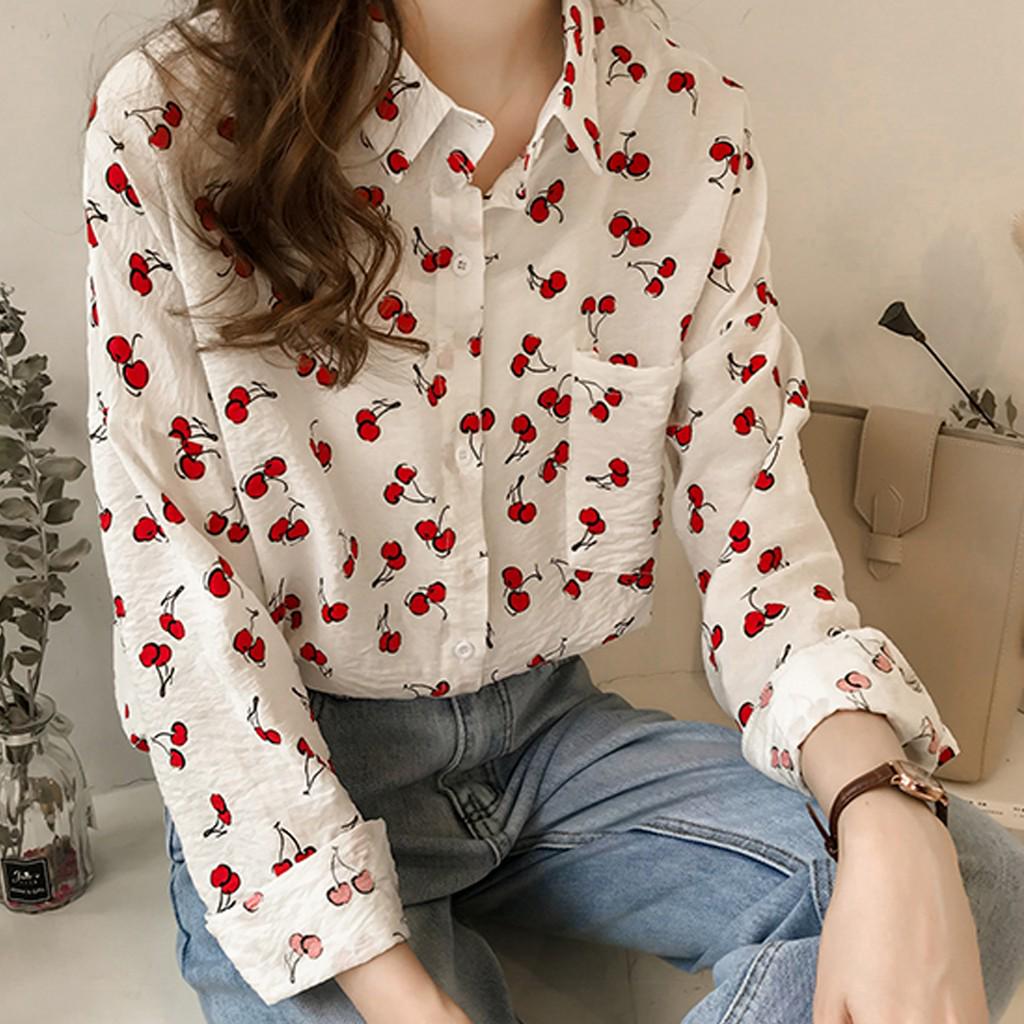 

Lady Fashion Women Top Retro Printing Long Sleeve Lapel Casual Shirt Blouse XL