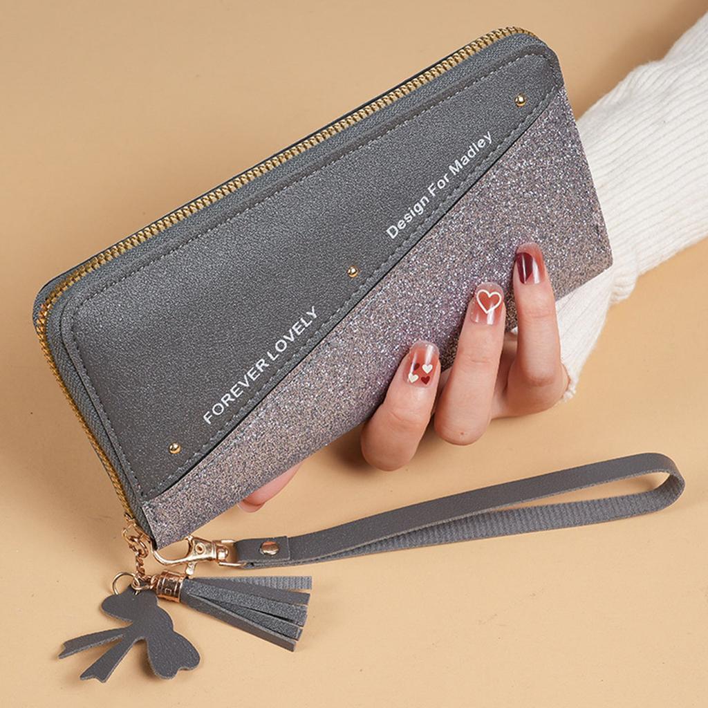 Long Zipper Wallet Ladies Spliced Color Block Tassel Versatile Card Holder Mobile Phone Bag Fashionable Ladies Accessories