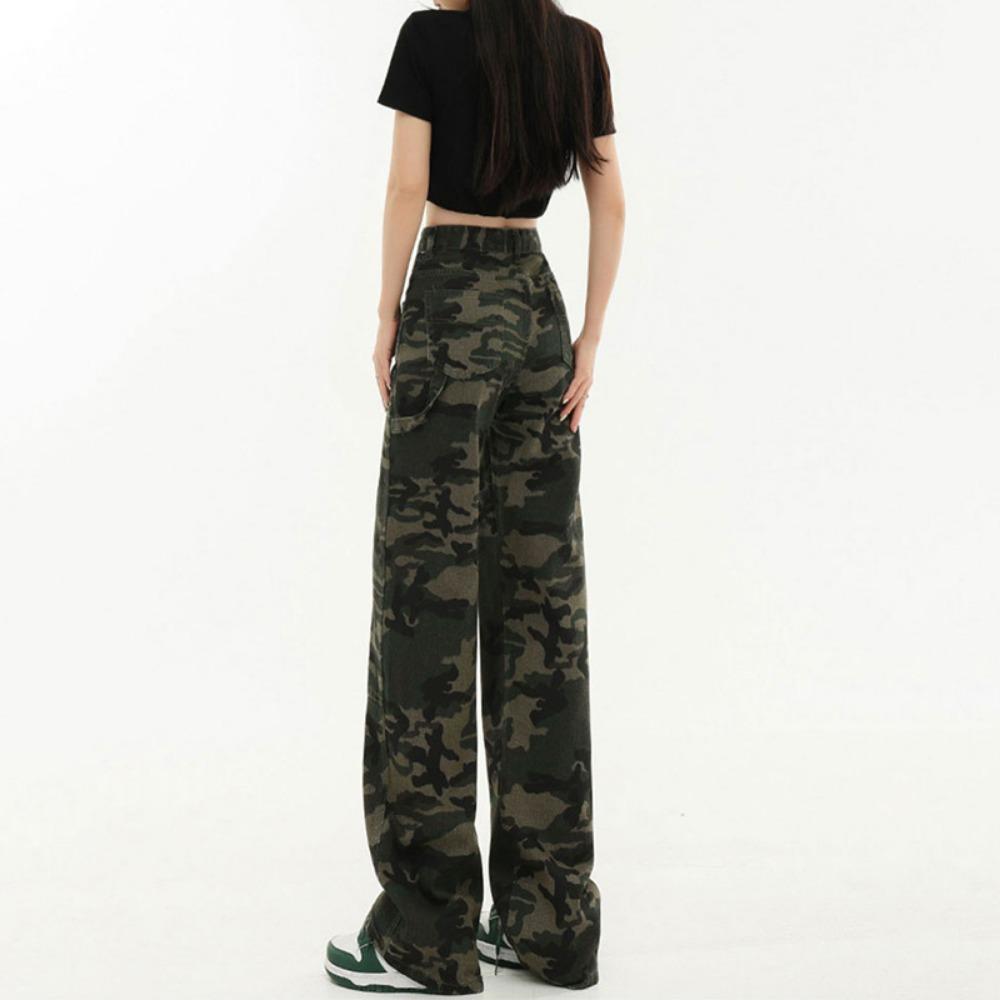 American high street camouflage wide-leg jeans women's ins trendy versatile babes high-waisted slim straight floor pants