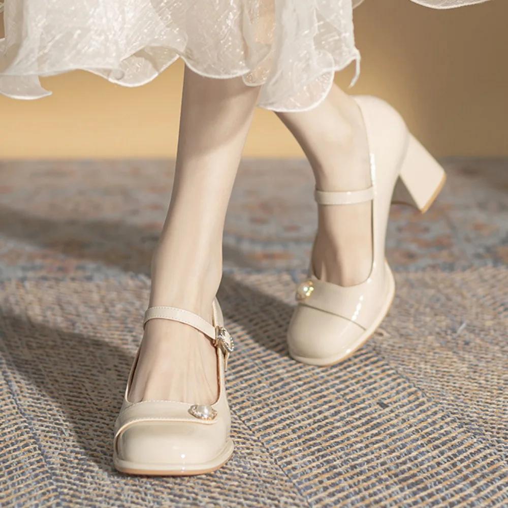 Fashion High Heeled Women's 2025 Spring/summer New Mary Jane Shoes Thick Heels High Heels Womens Leather Shoes Retro Round Toe Pumps