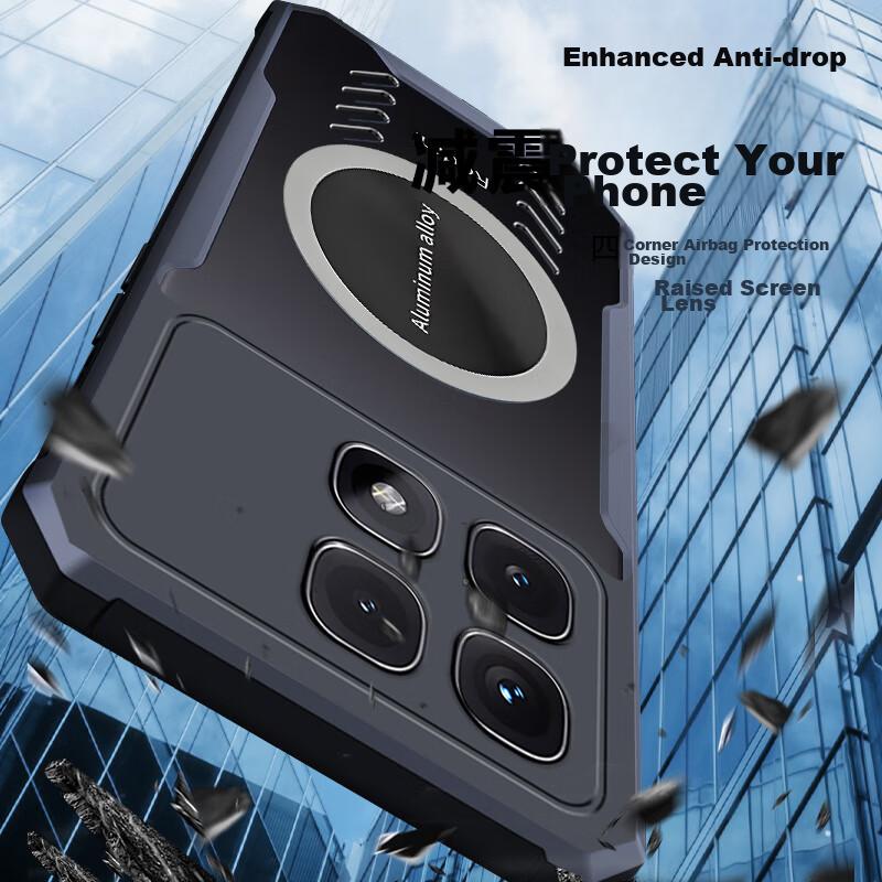 Heat Dissipation Phone Case for Xiaomi Redmi K70 Pro, Full Lens Protection, Shockproof, Corners, Transparent, Metal Magnetic Cooling Fans, Black