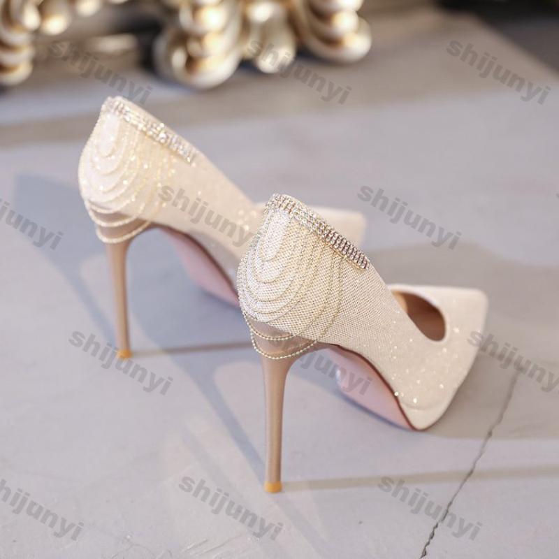 Fashion Sexy Elegant Fringe Wedding Pumps for Women Stiletto Heels Party Shoes Woman Luxury Pointed Diamond Pumps Platform Single Shoes