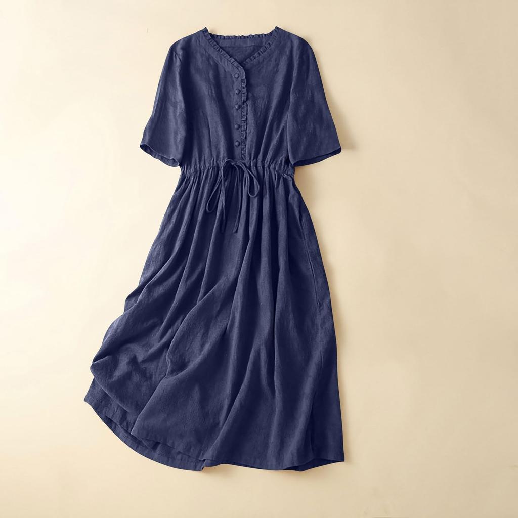 Women's Summer Forest Retro Literary Cotton And Linen Solid Color Dress